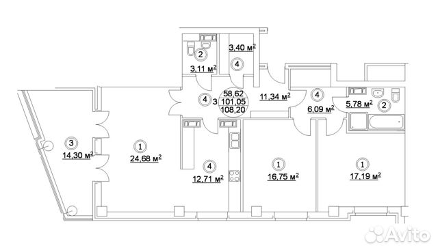 3-к квартира, 108 м², 9/16 эт.