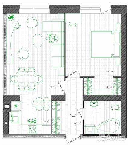 2-к квартира, 60.7 м², 1/3 эт.