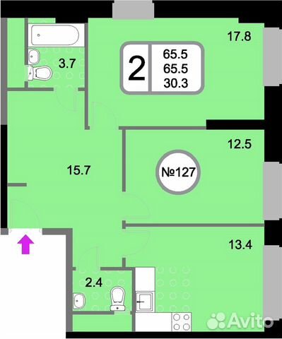 2-к квартира, 65.5 м², 17/22 эт.