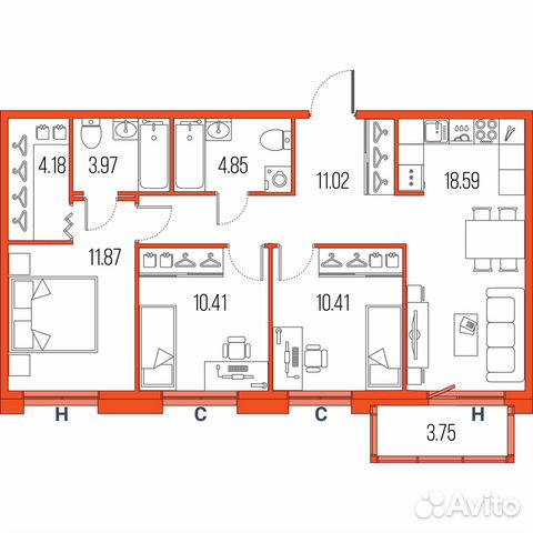 3-к квартира, 75.3 м², 8/22 эт.