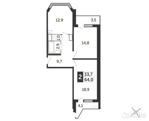 2-к квартира, 64 м², 13/17 эт.