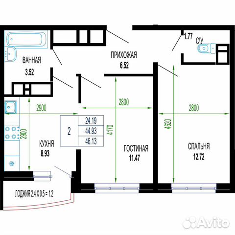 2-к квартира, 46.1 м², 24/24 эт.