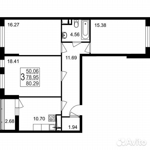 3-к квартира, 80.3 м², 3/8 эт.