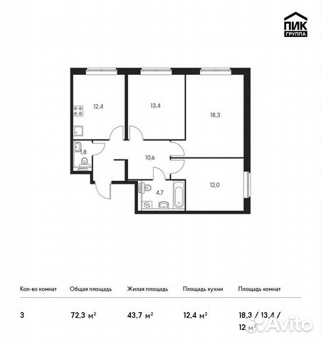 3-к квартира, 72.3 м², 14/25 эт. 3-к квартира, 72.3 м², 14/25 эт.
