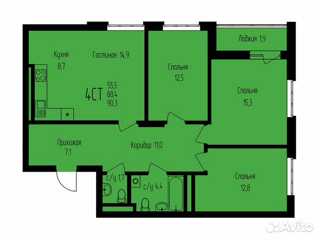 4-к квартира, 90.3 м², 6/24 эт. 4-к квартира, 90.3 м², 6/24 эт.