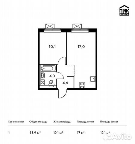 1-к квартира, 35.9 м², 10/17 эт.