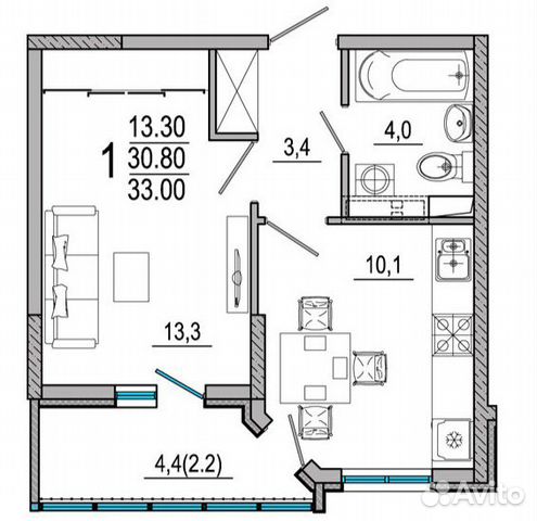 1-к квартира, 32.6 м², 7/9 эт.