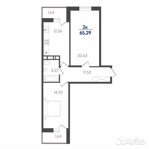 2-к квартира, 65.3 м², 2/7 эт.