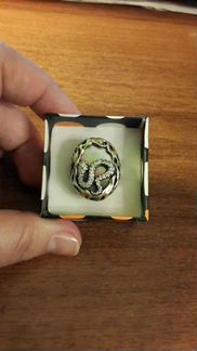 Перстень со змеей, серебро, фианиты, перламутр