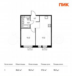 1-к квартира, 36.2 м², 3/9 эт.