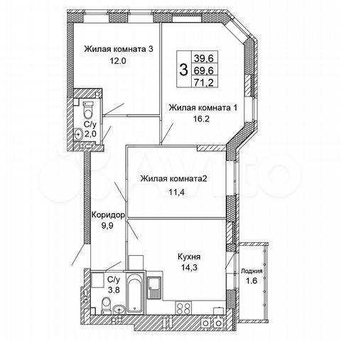 3-к. квартира, 71,2 м², 5/9 эт.