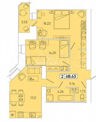2-к. квартира, 68,6 м², 5/9 эт.