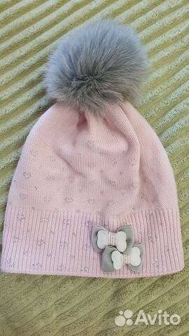 Шапка вязаная с помпоном из меха на девочку,55см