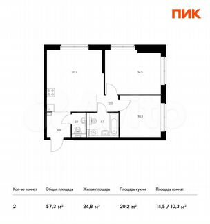 2-к квартира, 57.3 м², 6/21 эт.