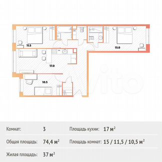 3-к квартира, 74.4 м², 3/10 эт.
