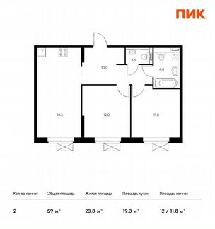2-к квартира, 59 м², 16/33 эт.