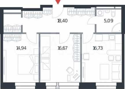 1-к апартаменты, 46 м², 13/21 эт.