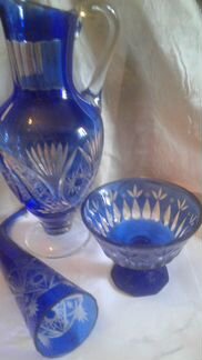 Хрусталь синий кувшин ваза рог Чехия гдр Винтаж