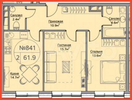 2-к квартира, 62 м², 6/6 эт.