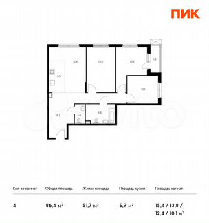 4-к квартира, 86.4 м², 2/24 эт.