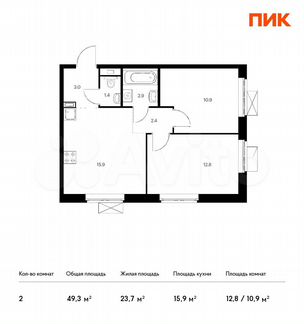 2-к квартира, 49.3 м², 16/17 эт.